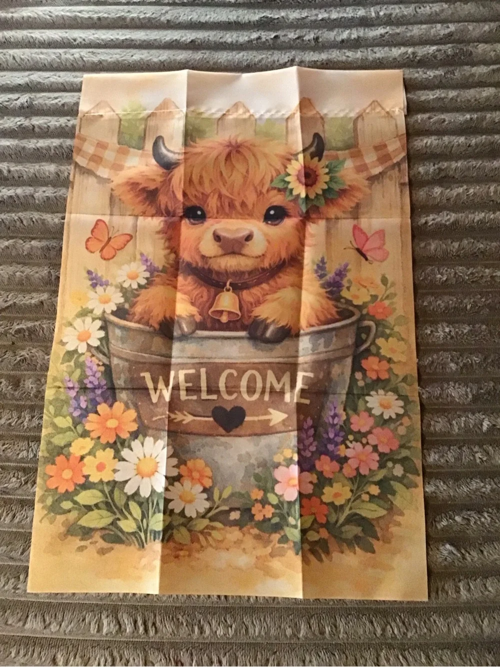 Welcome Highland Cow Floral mini garden flag- Cream and Brown
